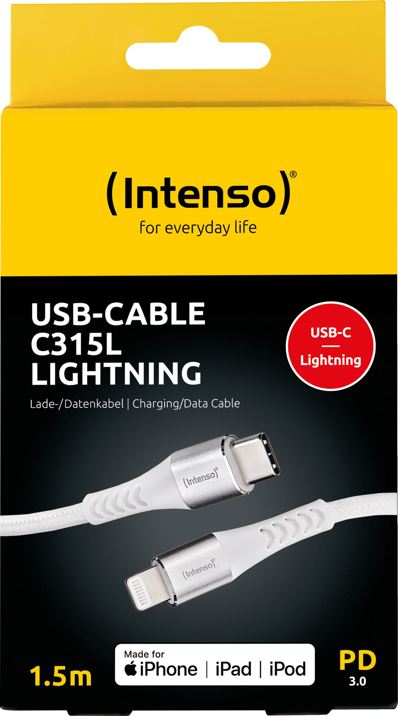 Câble USB Intenso «C315L» – USB-C vers Lightning, 1,5m, 27W, blanc (emballage blister pour la vente au détail)