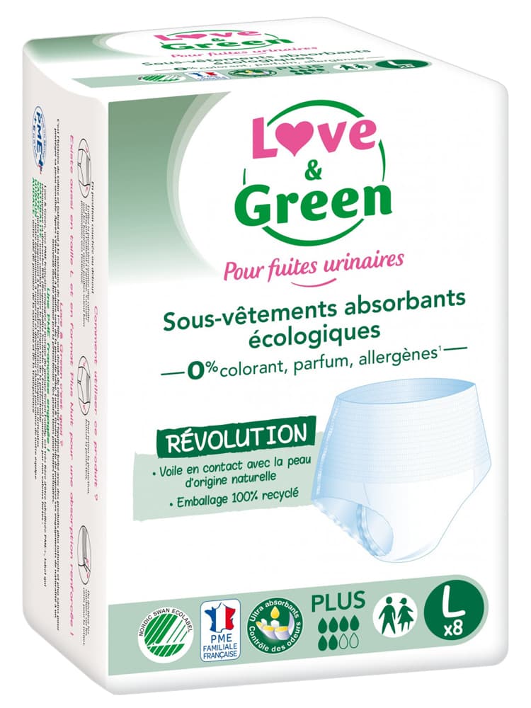 Love & Green Sous-Vêtements Absorbants Fuites Urinaires Modérées Adulte 8 Culottes - Taille : L