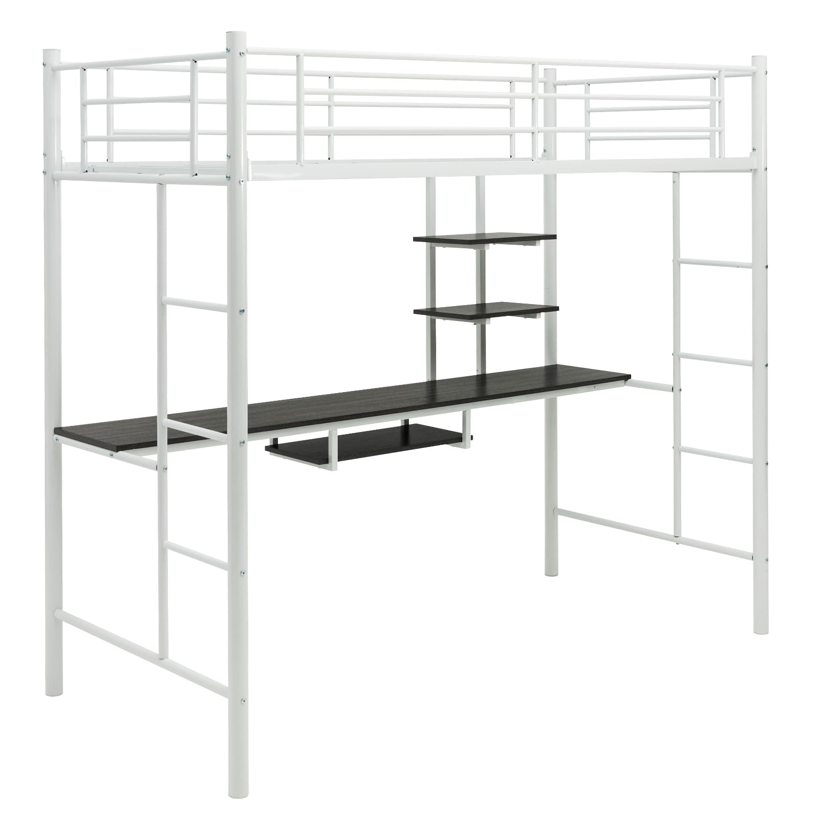 Lit Mezzanine en Métal avec Bureau 2 Etagères et 2 Echelles Lattes en Acier et Garde-Corps 200 cm x
