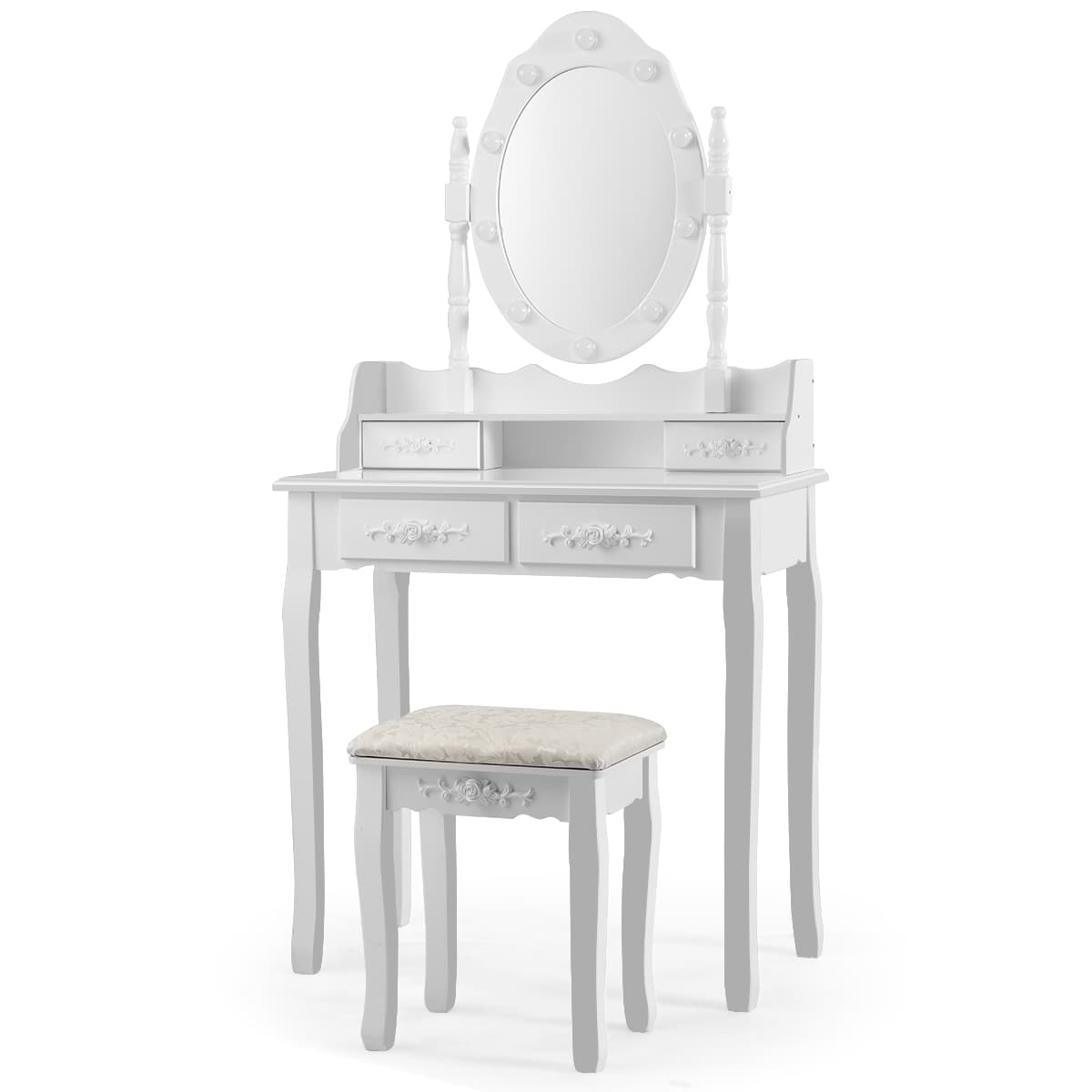 Coiffeuse Table de Maquillage avec Miroir Oval et 10 Ampoules LED à Intensité Variable 4 Tiroirs de