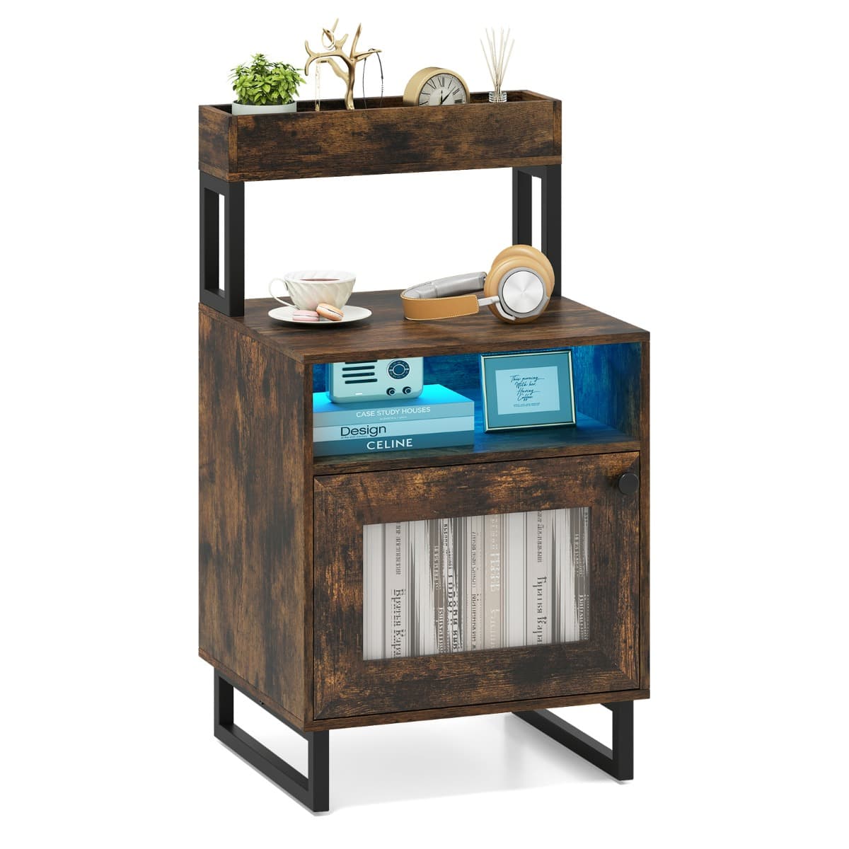 Table de Chevet avec Lumières LED Table de Nuit Moderne avec Cadre Métallique Robuste Plateau Supéri