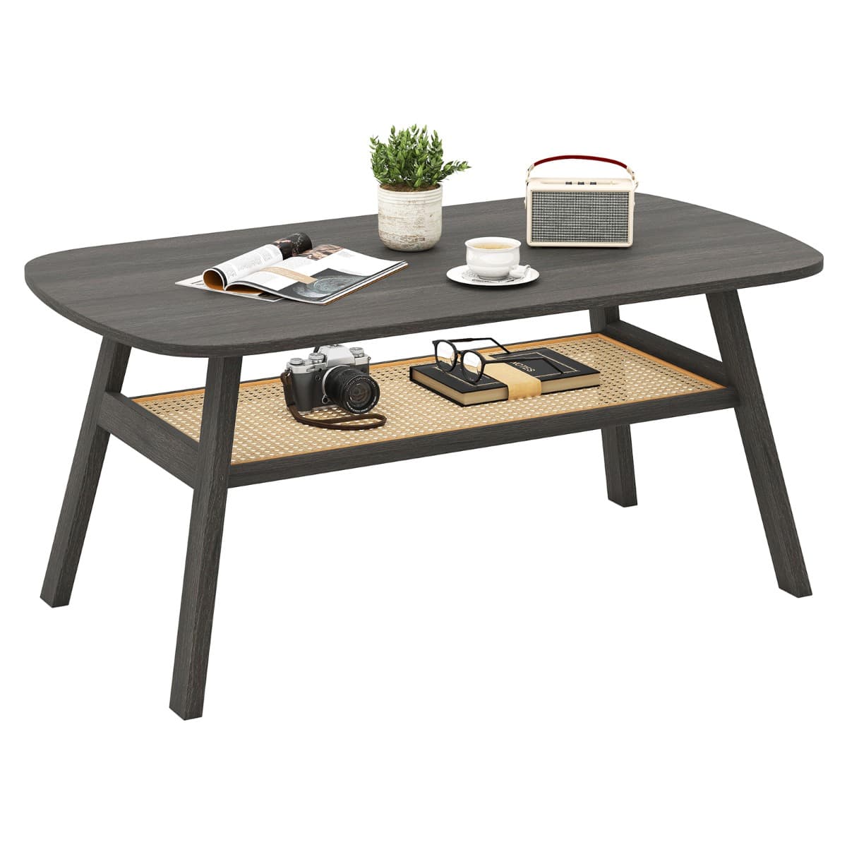 Table Basse à 2 Niveaux Table Centrale Rectangulaire avec Étagère de Rangement en Rotin Pieds en Boi